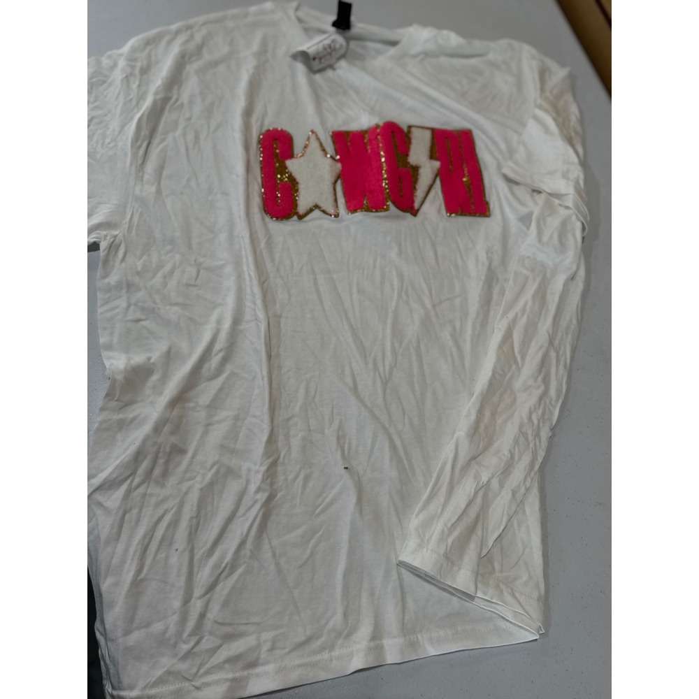 Southern Fried Chics Cowgirl Chenille Patch Long Sleeve Tee White Pink 3XL New